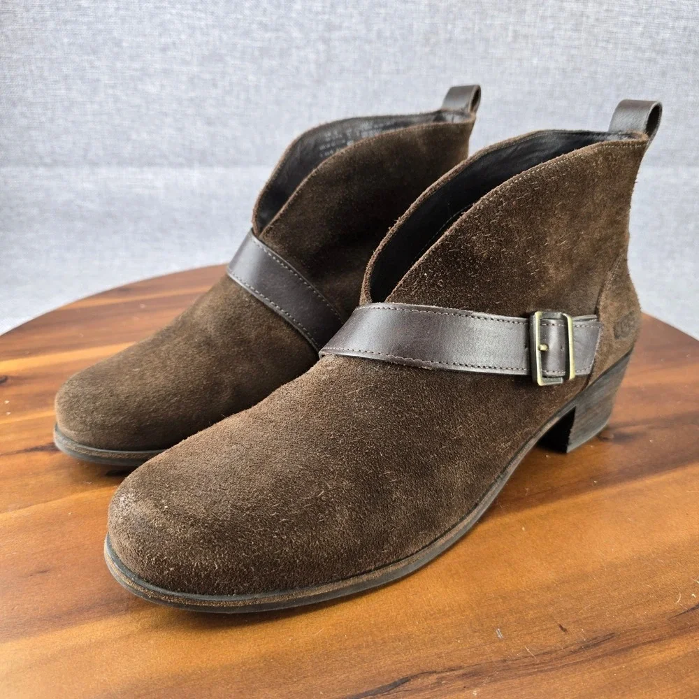 UGG Mens 12 Brown Suede‎ Buckle Ankle Boots 1014184 Chocolate Leather Strap